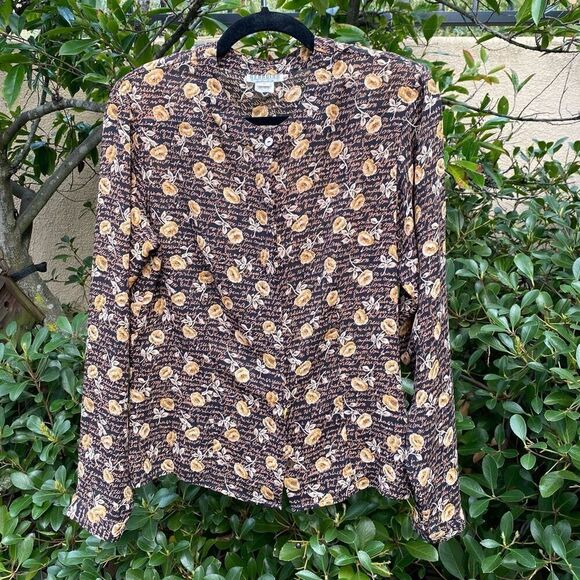 Georgiou Women's Black Tan Floral Print Long Sleeve Button Down Blouse Size 6. E - Picture 1 of 5